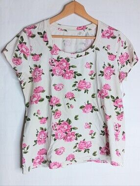 Preswick & Moore Large Flower T-shirt White Pink Short Sleeve Stretch Women's